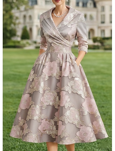  A-linje Te-lengde Blazer kjoler Kjole til brudens mor Langermet Skjortekrage Elegant Årgang Formell Bryllupsgjest Bryllupsfest Sateng Jacquard med Plissert Blomst