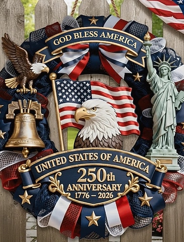  Patriotischer Türhänger aus Holz zum 250. Jahrestag der USA, Dekoration zum Unabhängigkeitstag mit Adler, Freiheitsglocke und Freiheitsstatue (1776–2026)