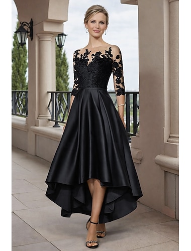  A-lijn Asymmetrisch Over de knie Feestjurk Cocktail jurk Bruiloft gast jurk Moeder van de bruid jurk 3/4 mouw Ronde hals Elegant Hoog laag Bruiloft gast Verjaardag Satijn Kant met Plooien Appliqués