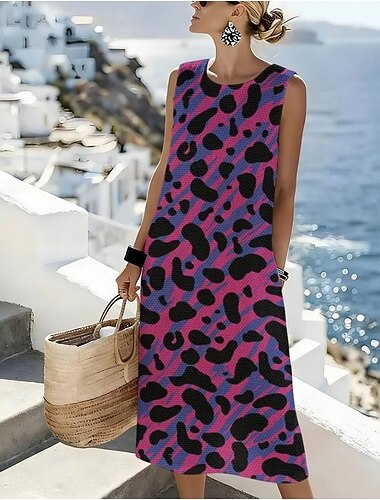  Pentru femei Rochii Midi Rochie de schimb Rochie de Vară Rochie A line Vacanță Casual Boho Plajă Ieșire Fit regulat Grafic Geometric Fără manșon Crewneck Negru Mov Vară Primăvară