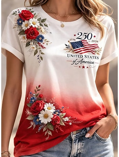  Amerikaanse onafhankelijkheidsdag Dames T-shirt Afdrukken Grafisch Brief Amerikaanse vlag Stijlvol Klassiek Casual Korte mouw Strakke ronde hals Normale tops Dagelijks blauw wit rood Zomer Lente