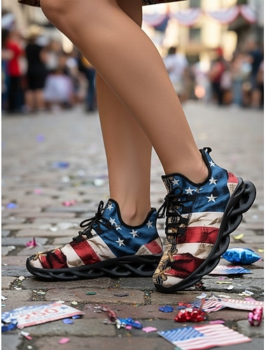  Damessneakers in kaki met Amerikaanse vlag – lichtgewicht, ademende veterschoenen, patriottische sterren &Gestreept patroon voor Onafhankelijkheidsdag, parades, festivals en wandelingen in de