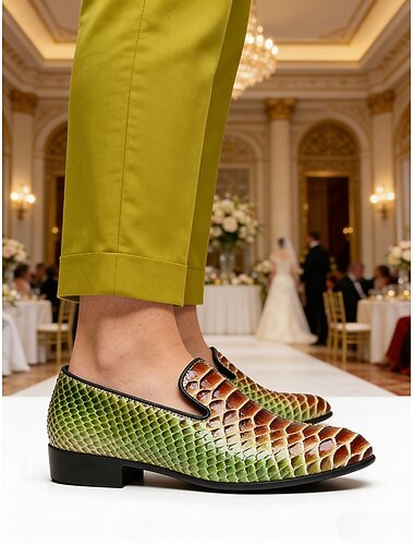  herrlöv i grönt och brunt läder med ormprägling, slip-on-skor för nattklubbar, fester, djärva modeuttryck och bröllop