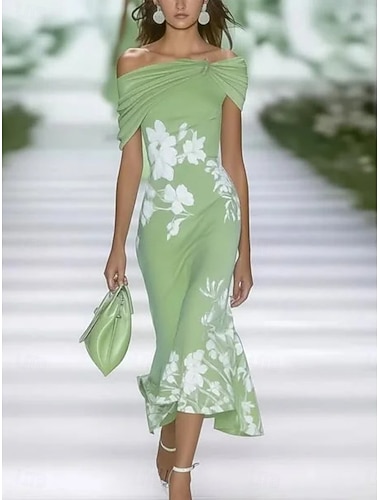  Damen Maxikleid Etui-Kleid Rüschenkleid Lässig Outdoor Ausgehen Normale Passform Blumen Kurzarm Schulterfrei Blau Schwarz Grün Sommer Frühling