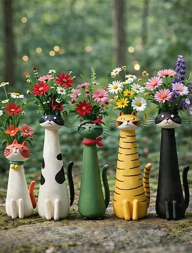  Ručně vyrobená netradiční váza ve tvaru kočky, pryskyřičná zahradní dekorace, roztomilý květináč s kočkou na sukulenty, vnitřní a venkovní zahrada, terasa, trávník, balkon, domácí dekorace