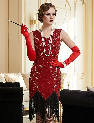  Set Roaring jaren '20 Jaren 1920 Tot de knie Jurken Flapper jurk Outfits met accessoires Mouwloos The Great Gatsby Charleston Grote maten Pailletten Kwastje Geometrisch V-hals Kostuum Dames Carnaval