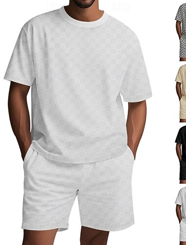  Herren T-Shirt Anzüge Trainingsanzug Shorts und T-Shirt-Set Kurzarm Rundhalsausschnitt Sommer Schachbrett Gymnastik Lässig Jacquard 2 teilig Lässig Urlaub Alltagskleidung Schwarz Weiß Kaki Top