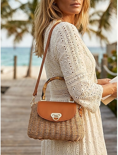  Vintage dameshandtas van geweven stro met bamboe handvat, leren crossbodytas met verstelbare schouderband, ideaal voor strandvakanties en dagelijks gebruik, verkrijgbaar in diverse kleuren.