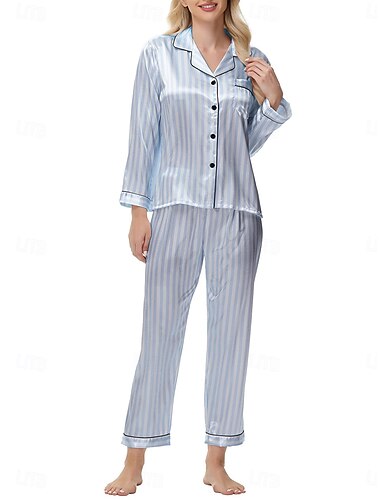  Mulheres Loungewear Conjunto de Pijama Moda Simples Casual Listra Pijama de cetim sedoso Cintura elástica Botões Calça Casa Férias Manga Longa Colarinho de Camisa Azul Rosa Primavera Outono Inverno
