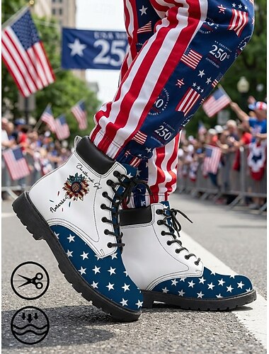  أحذية قتالية رجالية وطنية - أحذية مطبوعة بنجوم العلم مناسبة للاستعراضات، وعيد الاستقلال الأمريكي (4 يوليو)، والذكرى السنوية الـ 250 للولايات المتحدة الأمريكية، والاحتفالات الأخرى.