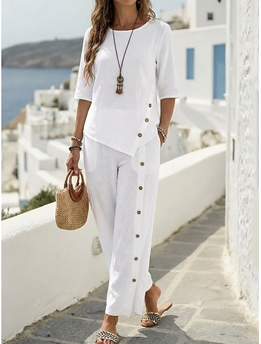  Damen Zweiteilige Sets Hosen-Sets Kunstbaumwollleinen Halbarm Rundhalsausschnitt Einfach Mode Streetwear Lässig Täglich Outdoor Schwarz Weiß Grün Frühling & Sommer Normale Passform Lässiger Schnitt