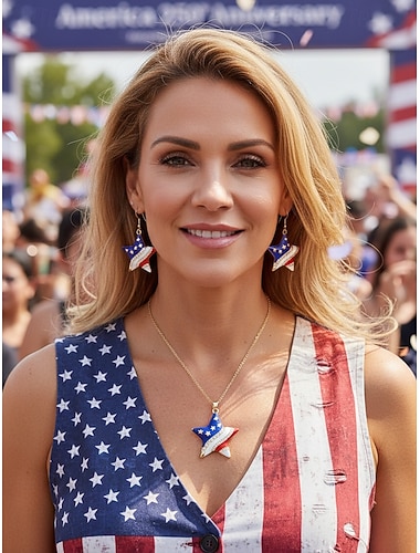  Damesketting en oorbellen set van legering, met diverse hart- en sterontwerpen, patriottische sieraden, perfect voor de viering van het 250-jarig bestaan van de VS, Onafhankelijkheidsdag en als casual kledingstuk voor dagelijks gebruik.