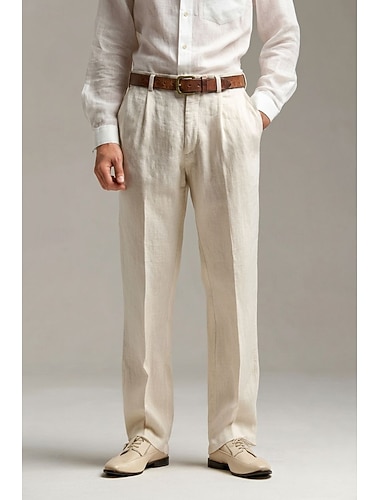  Pour des hommes Coton Lin Dress Pants works Pantalon décontracté Quotidien Bureau Neutre Mode Occasionnel Noir Blanche Marine foncé Couleur Unie Coupe sur mesure Long Non Elastique