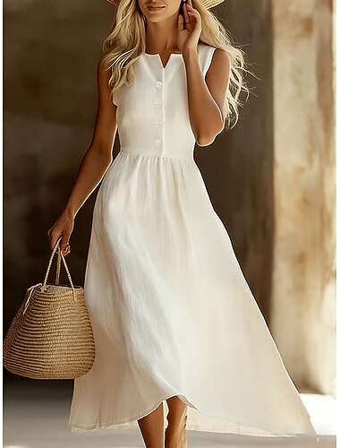  Mulheres Vestido midi Camisetão Vestido branco Elegante Moda Moderno Ao ar livre Férias Para Noite Normal Tecido Sem Manga Decote V Branco Verão Primavera