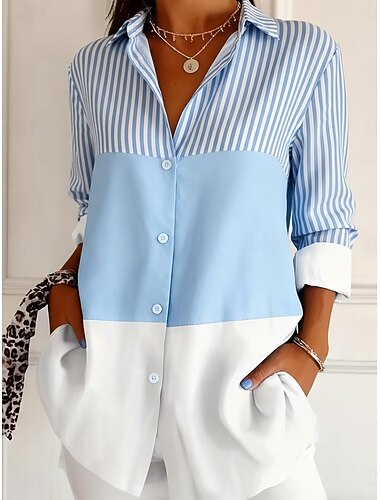  Mulheres Camisa Social Botões Imprimir Gráfico Listrado Elegante à moda Casual Manga Longa Colarinho de Camisa Tops regulares Diário Streetwear Trabalho Azul Verão Primavera Outono