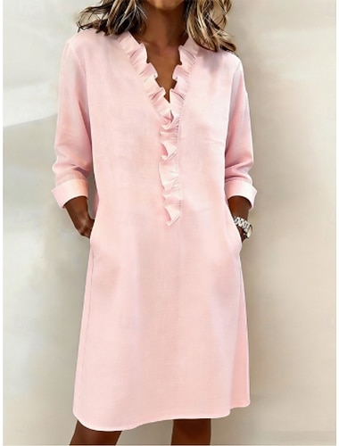  Damen Midikleid Kunstbaumwollleinen Shiftkleid Lässig Täglich Lässiger Schnitt Einfach Langarm V Ausschnitt Marineblau Rosa Rote Sommer Frühling Herbst