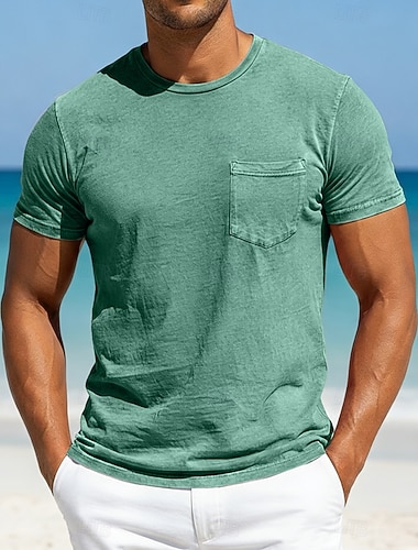  Herren T Shirt Hemd aus 100 % Baumwolle in Säurewaschung Kurzarm Rundhalsausschnitt Sommer Frühling Ganzjahres Einfarbig Elegant Vintage Neutral Tasche Rundhalsausschnitt Stückgefärbt Lässig Heim