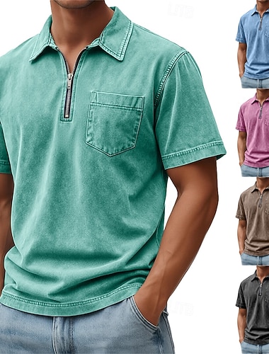  Herren Reißverschluss-Polo Hemd aus 100 % Baumwolle in Säurewaschung Lässig Alltagskleidung Viertelreißverschluss Kurzarm Mode Basic Einfach Jeansstoff Tasche Betrübt Sommer Frühling Frühling & Sommer