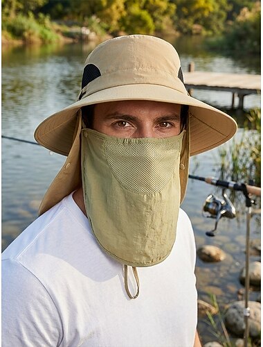  Ademende, sneldrogende polyester zonnehoed voor heren met afneembaar gezichtsmasker, verstelbare pasvorm, brede rand, verkrijgbaar in diverse kleuren, voor dagelijks gebruik en vissen in de buitenlucht.