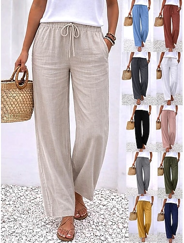  Damen Kunstbaumwollleinen Weites Bein Chinos Sommerhose Urlaub Basic Lässig Volle Länge Hohe Taille Einfach Tasche Elastischer Bund Bequem Komfort Weich Dehnbar Outdoor Straße Alltagskleidung