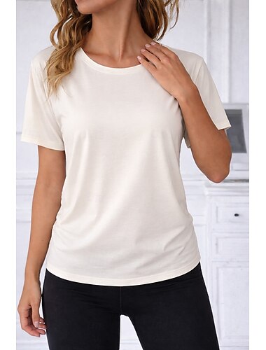  Kvinners 100% bomull tee sports T-skjorte synlige sømmer ensfarget stilfull basic casual kortermet rund hals vanlige topper gym sport utgang blå svart aprikos grå sommer vår