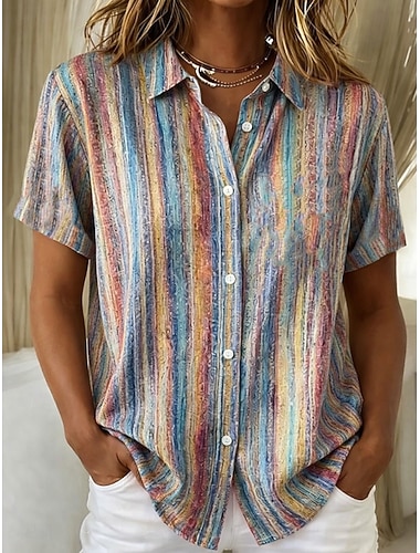 Dámské Košile Grafika Geometrický Proužky Vinobraní Tropický vzhled stylové Krátký rukáv Košilový límec Běžné topy Denní Šalvějová zeleň Světlá růžová Fialová Oranžová Trávová zelená Léto Jaro