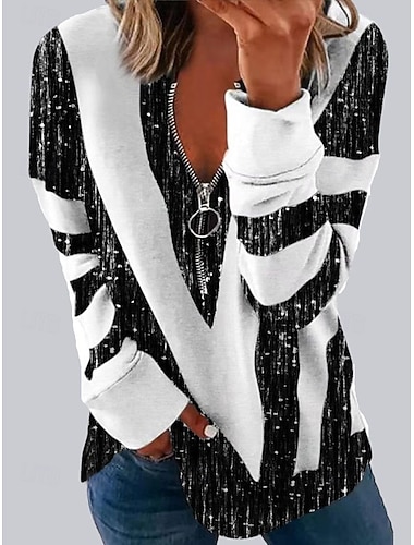  Mulheres Moletom Zip Up Imprimir Listrado Casual Manga Longa Decote V Tops regulares Rua Dia a Dia Azul Preto Verde Primavera Outono Inverno