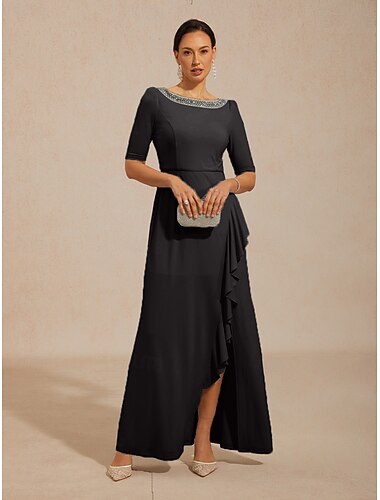  Femmes Robe maxi Robe trapèze Élégant Soirée Embelli Coupe régulière Couleur Unie Demi Manches Col ras du cou Noir