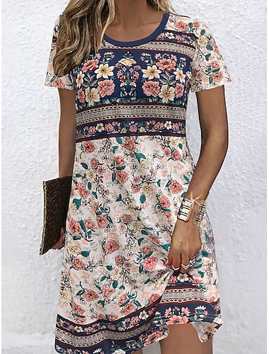  Damen Midikleid Shiftkleid T-Shirt-Kleid Sommerkleid Lässig Täglich Normale Passform Blumen Grafik Stammes Kurzarm Rundhalsausschnitt Blau Rote Sommer Frühling