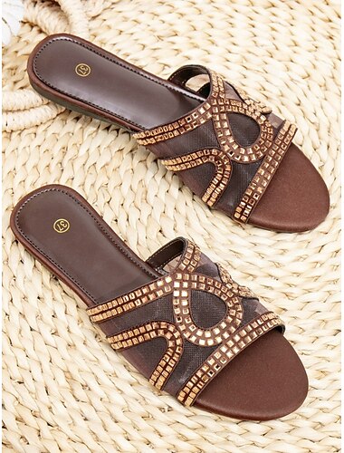 Sandali piatti da donna in rete marrone stile boho - comodi sandali slip-on con scintillanti decorazioni di strass dorati, perfetti per resort all'aperto e vacanze tropicali. &eventi serali estivi