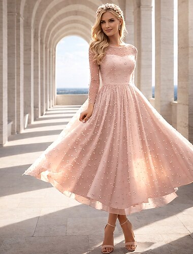  Ligne A Longueur thé Robes de Cocktail Robes de mariée Robes de soirée Petites Robes Blanches manche longue Col Illusion Satin Tulle avec Perles Perlage