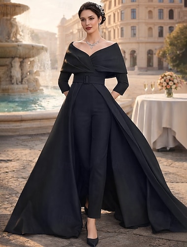  Deux Pièces Combinaison Tailleur-Pantalon Longueur cheville Robe de Mère de Mariée  Manche 3/4 Col Rond Épaules Dénudées Élégant Fête Formel robe demoiselle d honneur Tissu Extensible avec Ceinture