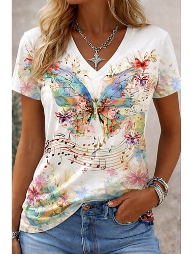  Dame T skjorte Trykt mønster Blomstret Grafisk Musikk Årgang Stilfull Klassisk Kortermet V-hals Lange topper Daglig Sport Ut på byen Hvit Regnbue Sommer Vår