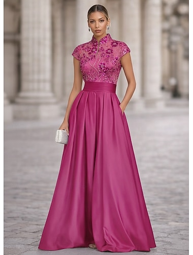  A-Linie Bodenlang Abendkleid Elegant Glitzernd Glitzern Kurzarm Hoher Ausschnitt Abendgesellschaft Hochzeit Tasche Satin Tüll mit Falten Perlenbestickt