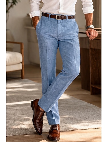  Pour des hommes Coton Lin Dress Pants works Pantalon décontracté Affaires Mariage ancien Classique & Intemporel Formel Blanche Rose Claire Rouge Bordeaux Printemps & Été Pantalon Couleur Unie Coupe