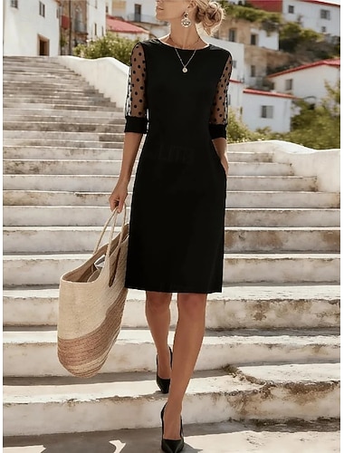  Damen Minikleid A Linie Kleid Figurbetontes Kleid Lässig Büro Normale Passform Tupfen Halbarm Rundhalsausschnitt Schwarz Sommer Frühling Herbst