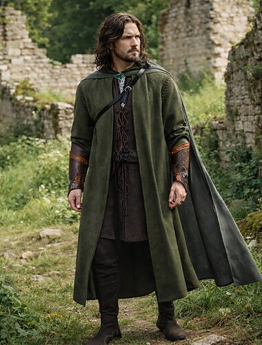  Set Vintage Mittelalterlich Renaissance Mantel Hose Umhang mit Zubehör langarm Krieger Ranger Kostüm Herren Fantasie Halloween Karneval Renaissance-Messe LARP Erwachsene Kostüm Ganzjahres