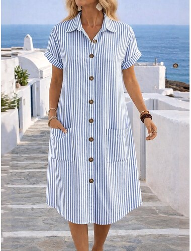  Dames Mini-jurk Zonnejurk Zomerjurk Vakantie Casual Strandstijl Dagelijks Strand Normale pasvorm Geometrisch Korte mouw Revers Hemelsblauw Zomer Lente