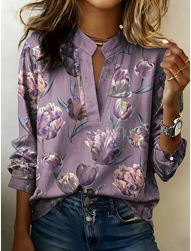  Año Nuevo Mujer Camisa Floral Graphic Vintage Elegante Manga Larga Escote en Pico Tops regulares Diario Festivos Noche Rosa Morado Beige Verano Primavera