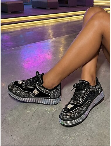  sneakers con plateau e strass da donna - scarpe alla moda in velluto nero per le feste notturne