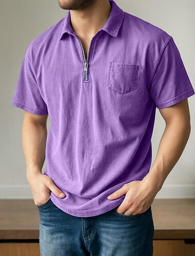  SoftFade™ Camicia Lavata da Uomo Polo in Cotone Casual Uso Quotidiano Polo a Mezzo Zip a Maniche Corte Moda Basic Uniforme Tasca Usurata Estate Primavera Primavera  Estate Verde Militare Nero Rosa