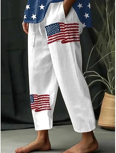  Mulheres Calça casual Férias Básico Mimolet Cintura MédiaPantsDia da Independência Americana Bandeira americana Conforto Sem Elasticidade Diário Branco Verão Primavera Ajuste Largo