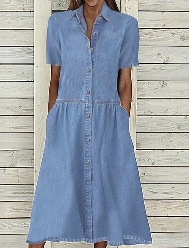  Dámské Volnočasové šaty Džínové košile Maxi dlouhé šaty Džínovina Základní Moderní Venkovní Denní Dovolená Košilový límec Tlačítko Kapsy Krátký rukáv Léto Jaro Podzim 2023 Běžný Vodní modrá Čist