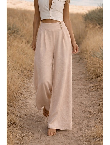  Damen Weites Bein Chinos Elegant Urlaub Basic Volle Länge Hohe Taille Atmungsaktiv Unelastisch Lässig Urlaub Formell Schwarz Gelb Rosa Blau Sommer Frühling