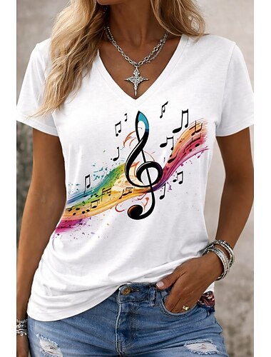  Dames T-shirt Afdrukken Bloemig Grafisch Muziek Vintage Stijlvol Klassiek Korte mouw V-hals Lange tops Dagelijks Sport Uitgaan Wit Regenboog Zomer Lente