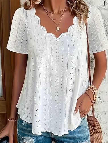  Dámské Pointelle košile Očko nahoře Halenka Poutko Bez vzoru Aktivní Základní Na běžné nošení Krátký rukáv Do V Běžné topy Ležérní Denní Plážové Černá Bílá Žlutá Světlá růžová Fialová Léto Jaro