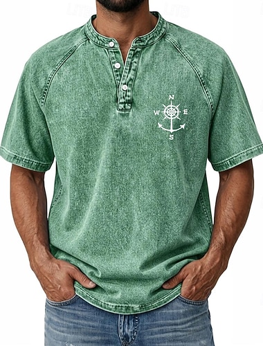  Voor heren Demin-shirt Overhemd van 100% katoen met zure wassing Henley Top Korte mouw Vintage Bedroefd Casual Huis Straat Herfst winter Zomer Lente Zwart Roze Licht Groen Grijs Licht Blauw Opstaand