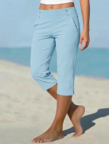 Damen Caprihose Stoffhosen Gemütliche Leggings Urlaub Basic Lässig Wadenlang Natürliche Taille Einfach Seitentaschen Geteilt Bequem Komfort Atmungsaktiv Hohe Elastizität Urlaub Yoga Straße Navy-Blau