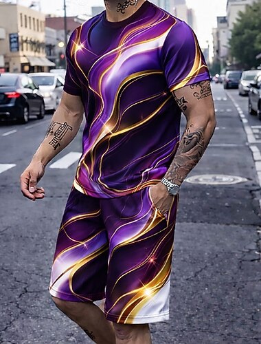  Herr Geometrisk 2st T-shirts uppsättningar Summer Tops Kortärmad Korta byxor Rund hals Ledigt Trendig Gatustil Ledigt Dagligen Semester 3D-utskrift Sommar Blå Rubinrött Purpur