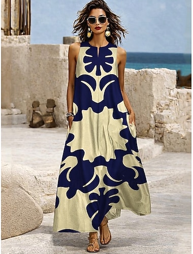  Női Maxiruha Nyári ruha A vonalú ruha nyári ruha Szabadság Alkalmi Boho Napi Szabadság Laza öltözet Grafika Törzsi Absztrakt Ujjatlan V-alakú Világossárga Nyár Tavasz